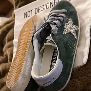 Golden Goose Green Superstars with silver Glitter Star